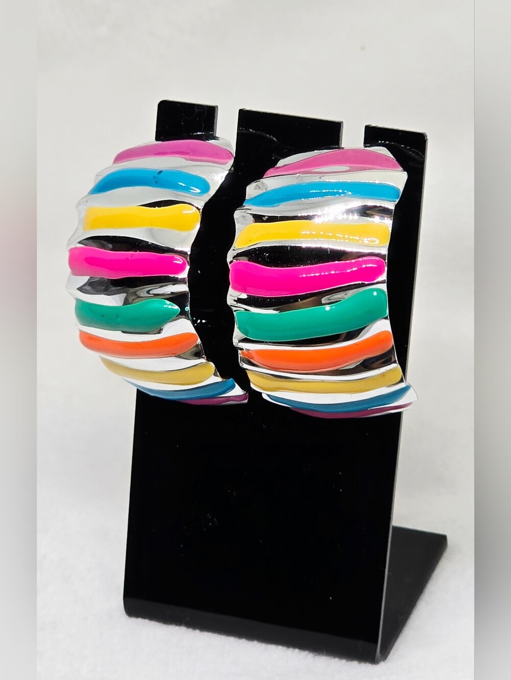 Vintage 80s Colorful Modernist Art Hoop Enamel Silvertone Pierced Earrings
